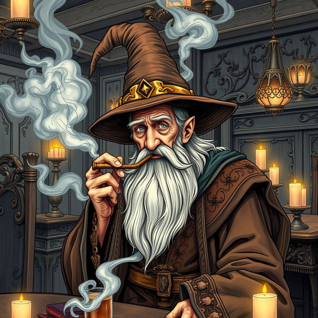 An old man dressed in ornate wizard robes and a large wizard hat, with a long flowing beard, is smoking a joint