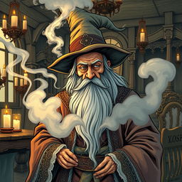 An old man dressed in ornate wizard robes and a large wizard hat, with a long flowing beard, is smoking a joint
