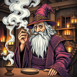 An old man dressed in ornate wizard robes and a large wizard hat, with a long flowing beard, is smoking a joint