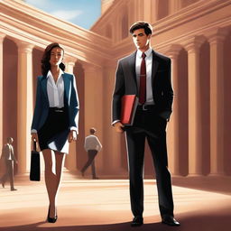 An enticing digital art of a book cover portraying a guarded female student and a suave male student in a university campus