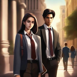 An enticing digital art of a book cover portraying a guarded female student and a suave male student in a university campus