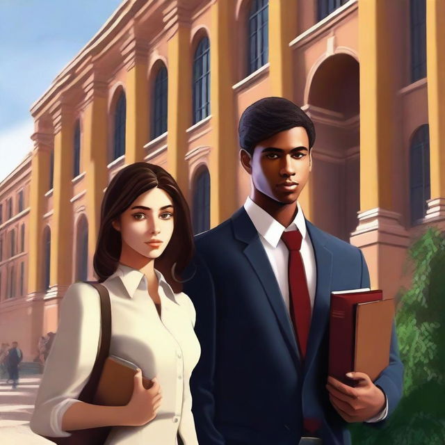 An enticing digital art of a book cover portraying a guarded female student and a suave male student in a university campus