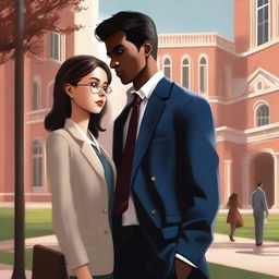 A breathtaking digital art of a book cover, depicting a wary female student and a polished male student on a university campus