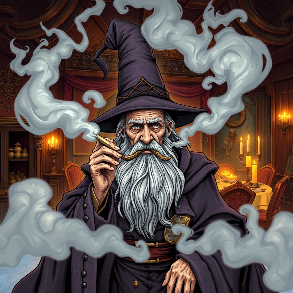 An old man wearing elaborate wizard robes and a tall, pointed wizard hat, with a long, flowing beard, is smoking a joint