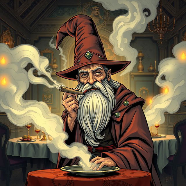 An old man wearing elaborate wizard robes and a tall, pointed wizard hat, with a long, flowing beard, is smoking a joint