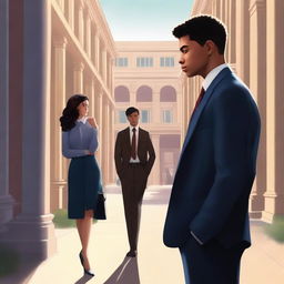 A breathtaking digital art of a book cover, depicting a wary female student and a polished male student on a university campus