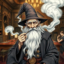 An elderly man wearing intricately detailed wizard robes and a tall, pointed wizard hat, showcasing a long, flowing white beard