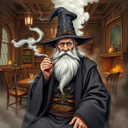 An elderly man wearing intricately detailed wizard robes and a tall, pointed wizard hat, showcasing a long, flowing white beard