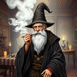 An elderly man wearing intricately detailed wizard robes and a tall, pointed wizard hat, showcasing a long, flowing white beard