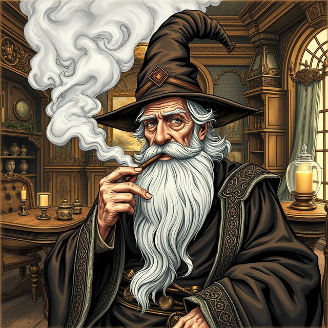 An elderly man wearing intricately detailed wizard robes and a tall, pointed wizard hat, showcasing a long, flowing white beard