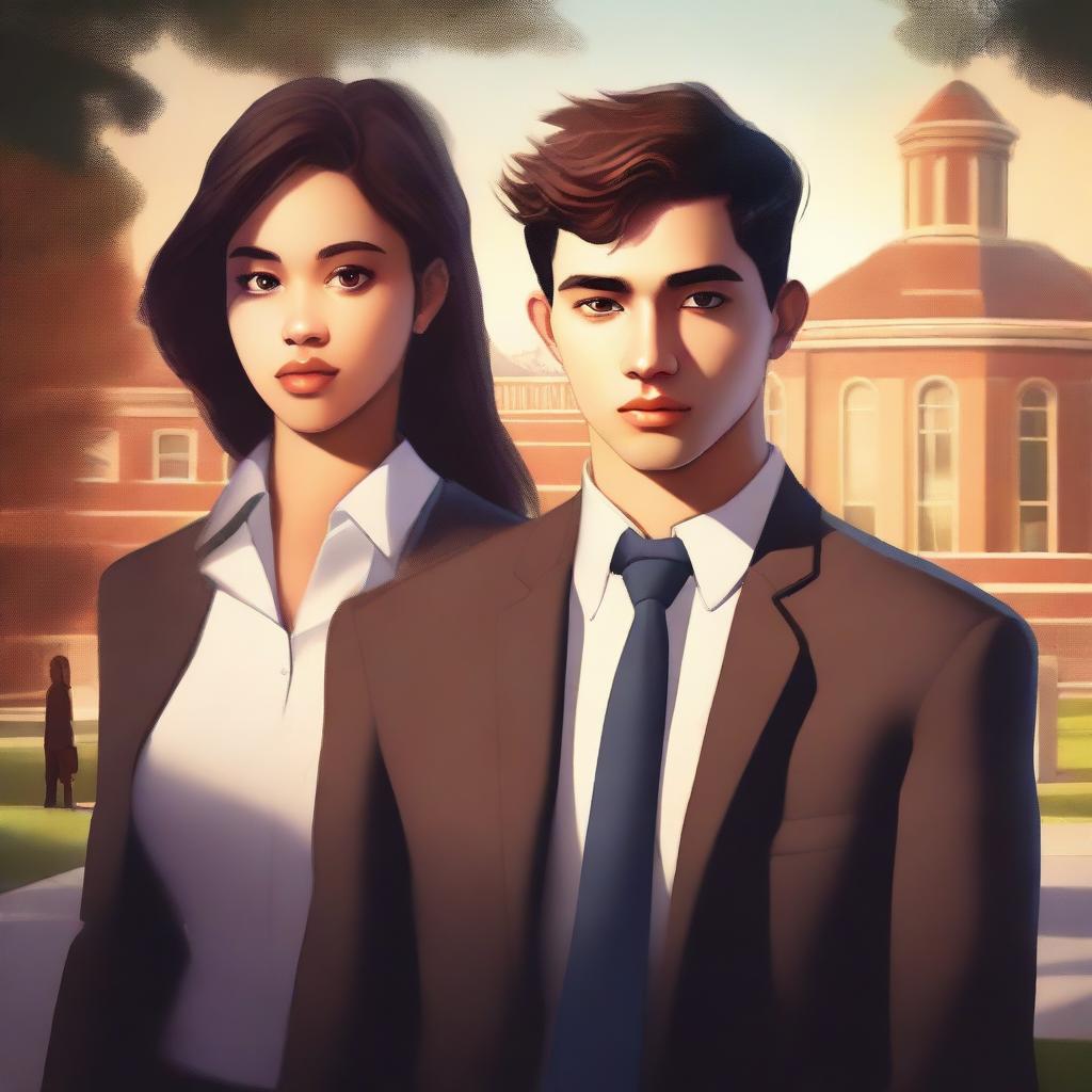 A breathtaking digital art of a book cover, depicting a wary female student and a polished male student on a university campus