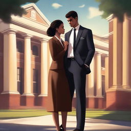 A breathtaking digital art of a book cover, depicting a wary female student and a polished male student on a university campus