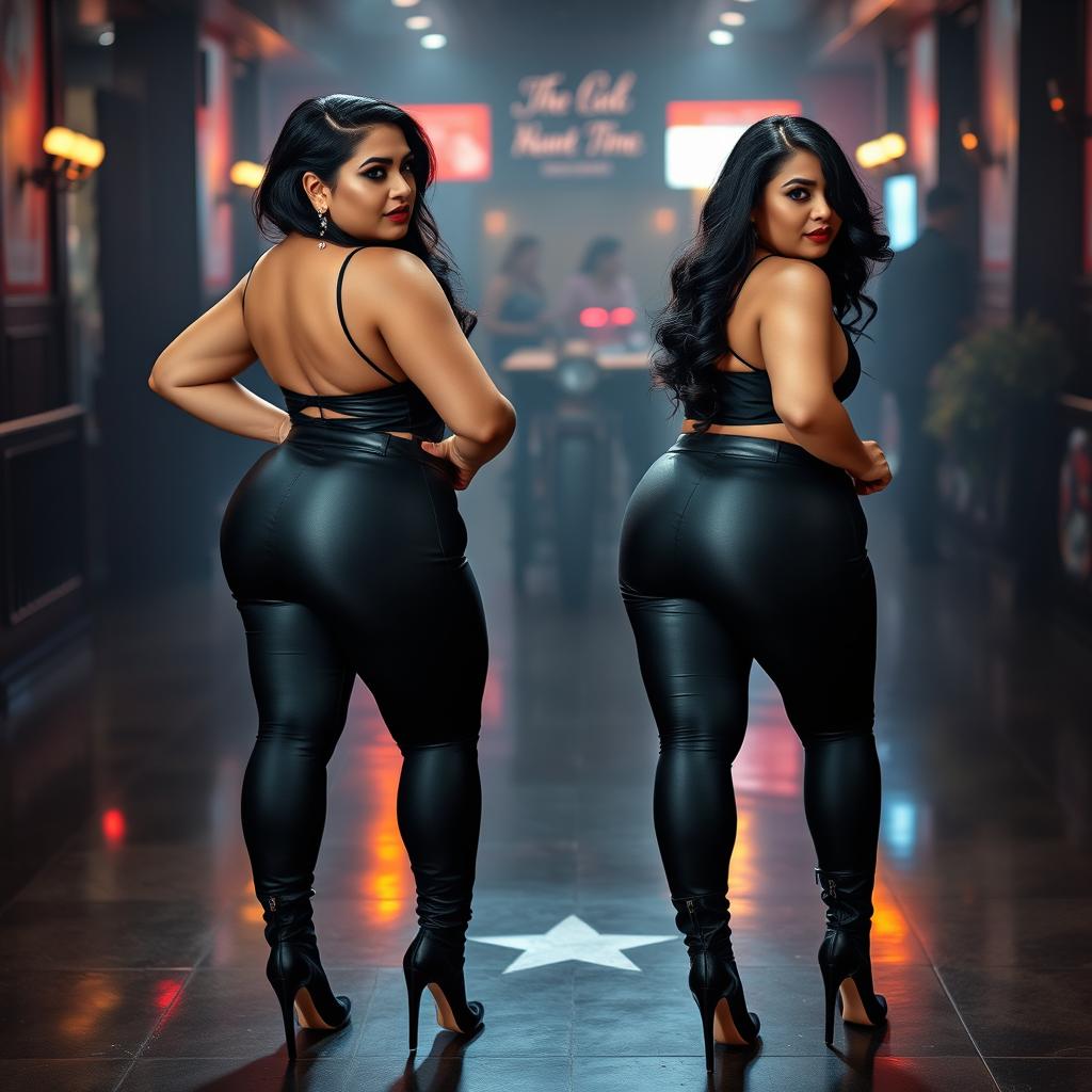 An alluring scene featuring two bossy, curvy, busty milfs with striking hourglass figures and confident, dominant expressions