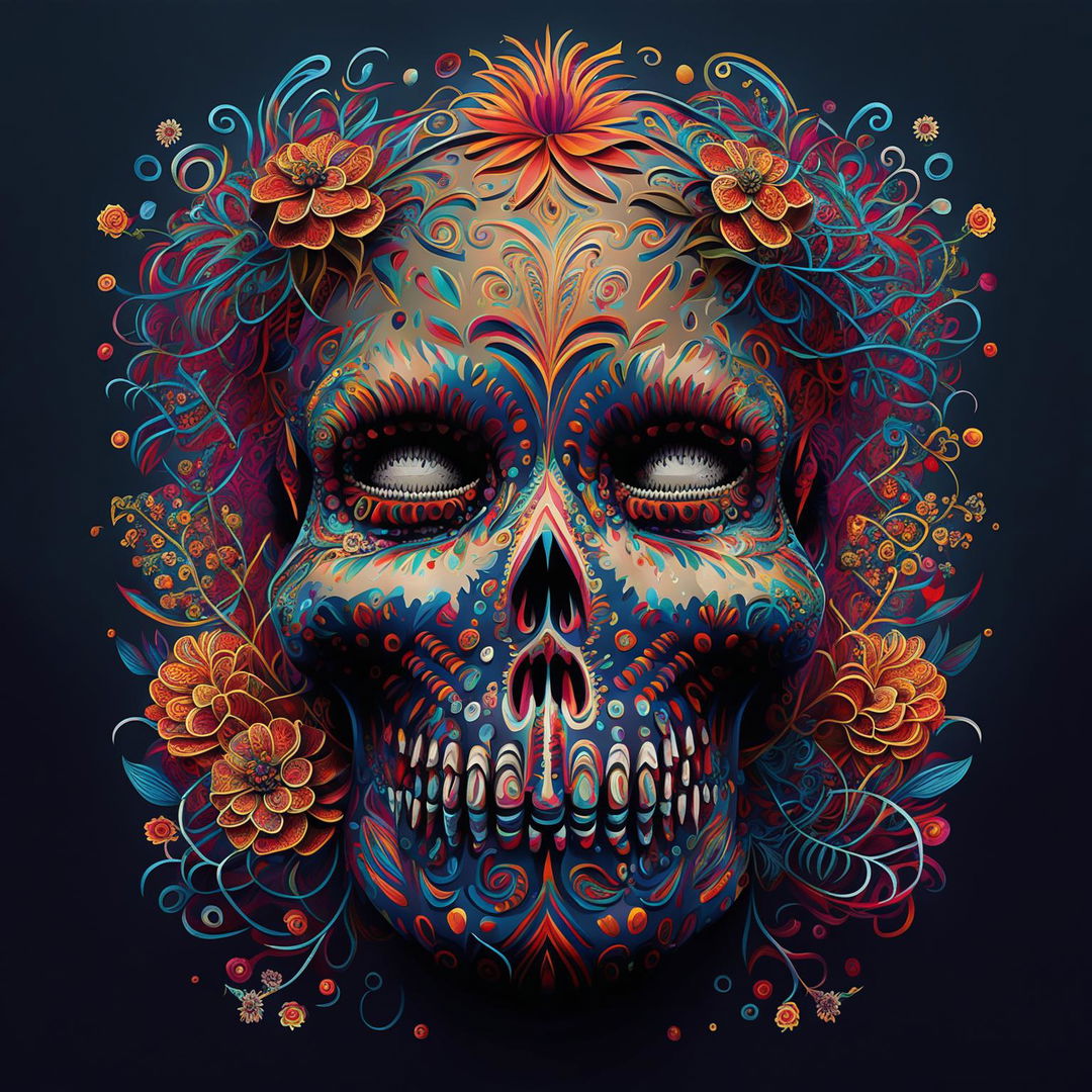 This high-quality digital art image features a vibrant, intricately decorated skull, a symbol associated with Mexican Day of the Dead celebrations