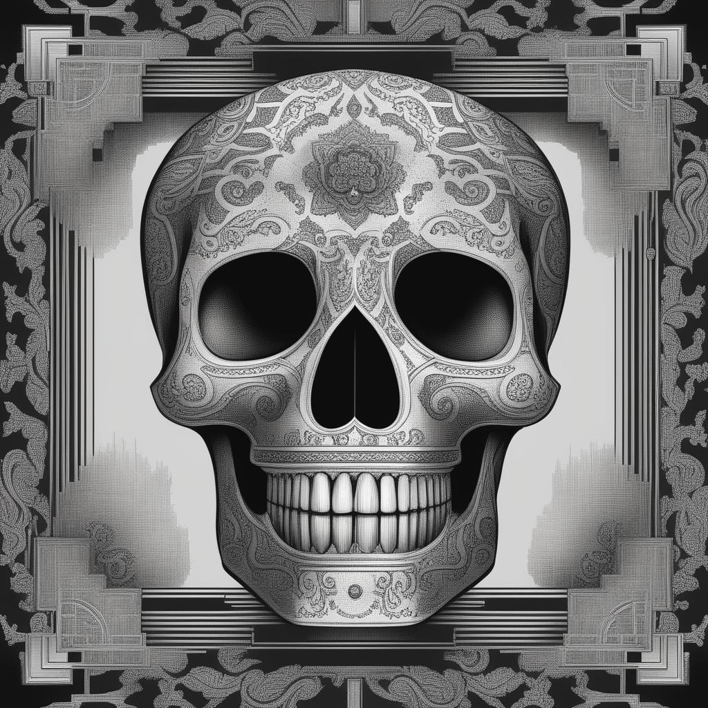 This is a black and white digital rendering of a Mexican 'calavera' skull, depicting the phrase 'the key to life is death'