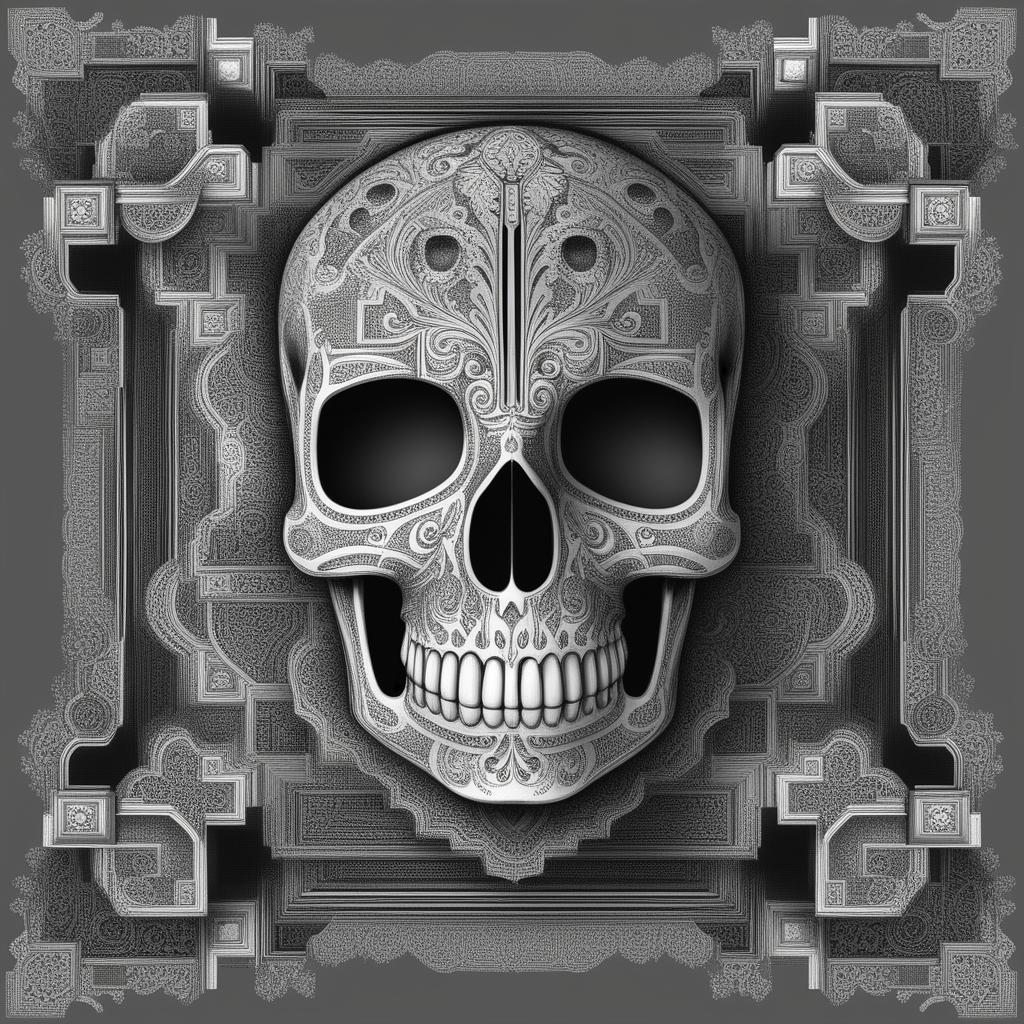 This is a black and white digital rendering of a Mexican 'calavera' skull, depicting the phrase 'the key to life is death'