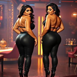 An enticing scene of two bossy, curvy, busty milfs with striking hourglass figures, exuding confidence with their dominant faces