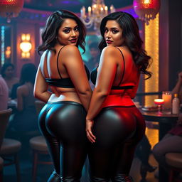 An enticing scene of two bossy, curvy, busty milfs with striking hourglass figures, exuding confidence with their dominant faces