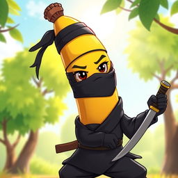 A whimsical ninja banana character, dressed in a classic black ninja outfit complete with a mask and a headband, holding a tiny katana