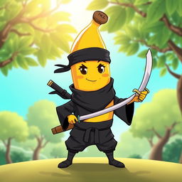 A whimsical ninja banana character, dressed in a classic black ninja outfit complete with a mask and a headband, holding a tiny katana