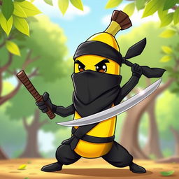 A whimsical ninja banana character, dressed in a classic black ninja outfit complete with a mask and a headband, holding a tiny katana