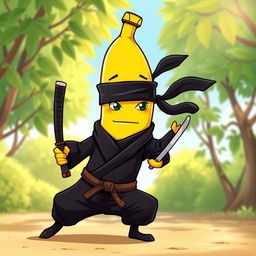 A whimsical ninja banana character, dressed in a classic black ninja outfit complete with a mask and a headband, holding a tiny katana