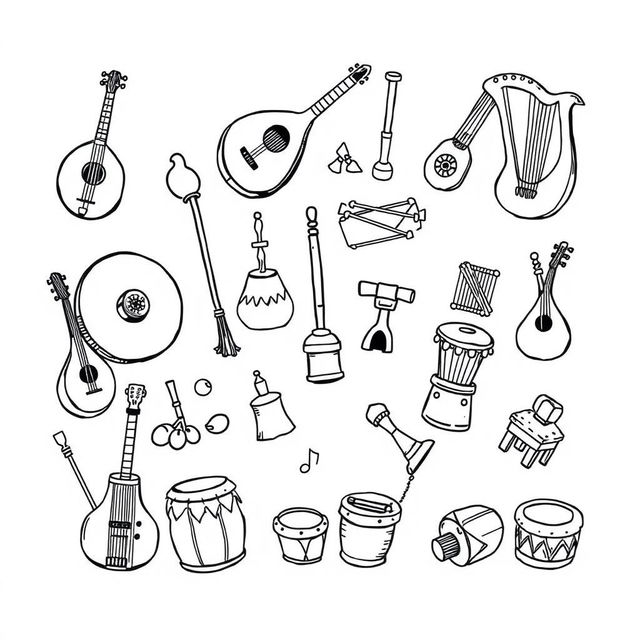 A delightful and whimsical illustration featuring a variety of medieval musical instruments arranged in a playful, child-like manner