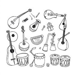A delightful and whimsical illustration featuring a variety of medieval musical instruments arranged in a playful, child-like manner