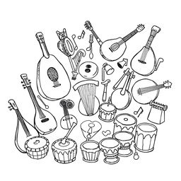 A delightful and whimsical illustration featuring a variety of medieval musical instruments arranged in a playful, child-like manner