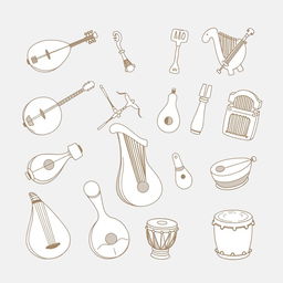 A charming and playful illustration featuring a collection of medieval musical instruments in a cute, child-like style