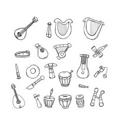 A charming and playful illustration featuring a collection of medieval musical instruments in a cute, child-like style