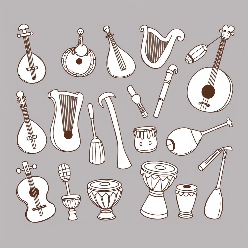 A charming and playful illustration featuring a collection of medieval musical instruments in a cute, child-like style