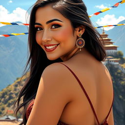 A stunning Bhutanese woman posing confidently, showcasing her natural beauty and curves, with focus on her captivating features