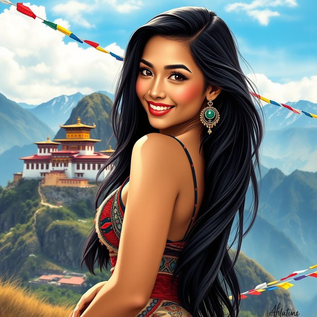 A stunning Bhutanese woman posing confidently, showcasing her natural beauty and curves, with focus on her captivating features