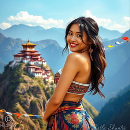 A stunning Bhutanese woman posing confidently, showcasing her natural beauty and curves, with focus on her captivating features
