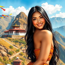 A stunning Bhutanese woman posing confidently, showcasing her natural beauty and curves, with focus on her captivating features