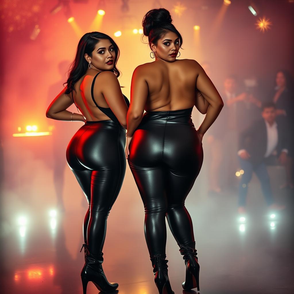 A captivating scene featuring two bossy, curvy, busty milfs, each with stunning hourglass figures and dominant facial expressions