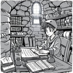 A charming medieval scene depicting a young scribe in an old stone library, focused on making a copy of an ancient book