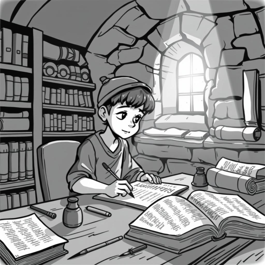 A charming medieval scene depicting a young scribe in an old stone library, focused on making a copy of an ancient book