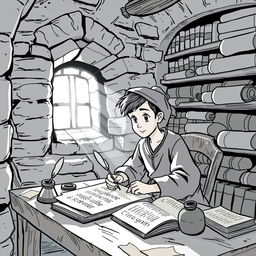 A charming medieval scene depicting a young scribe in an old stone library, focused on making a copy of an ancient book