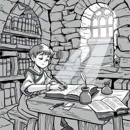 A charming medieval scene depicting a young scribe in an old stone library, focused on making a copy of an ancient book
