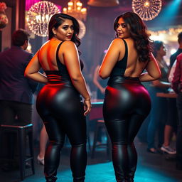 An alluring depiction of two bossy, curvy, busty milfs with gorgeous hourglass figures, exuding confidence and domination through their striking facial expressions