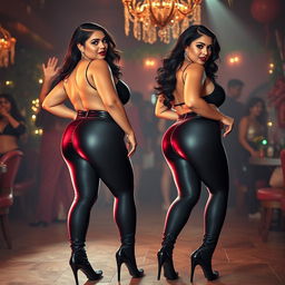 An alluring depiction of two bossy, curvy, busty milfs with gorgeous hourglass figures, exuding confidence and domination through their striking facial expressions