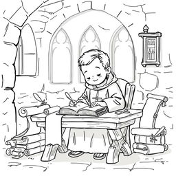 A cute and childish illustration of a medieval priest in a quaint scriptorium, carefully making a copy of a book