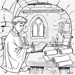 A cute and childish illustration of a medieval priest in a quaint scriptorium, carefully making a copy of a book