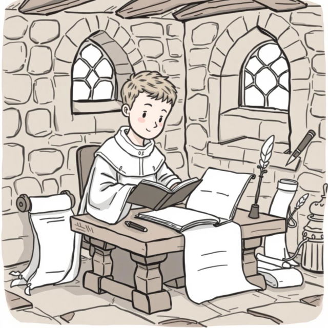 A cute and childish illustration of a medieval priest in a quaint scriptorium, carefully making a copy of a book