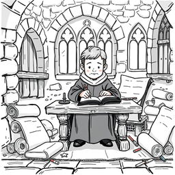 A cute and childish illustration of a medieval priest in a quaint scriptorium, carefully making a copy of a book
