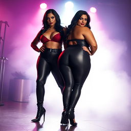 A striking image of two bossy, curvy, busty milfs, each showcasing a fabulous hourglass figure and dominant facial expressions