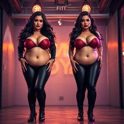 A striking image of two bossy, curvy, busty milfs, each showcasing a fabulous hourglass figure and dominant facial expressions