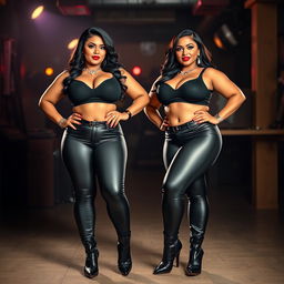 A striking image of two bossy, curvy, busty milfs, each showcasing a fabulous hourglass figure and dominant facial expressions